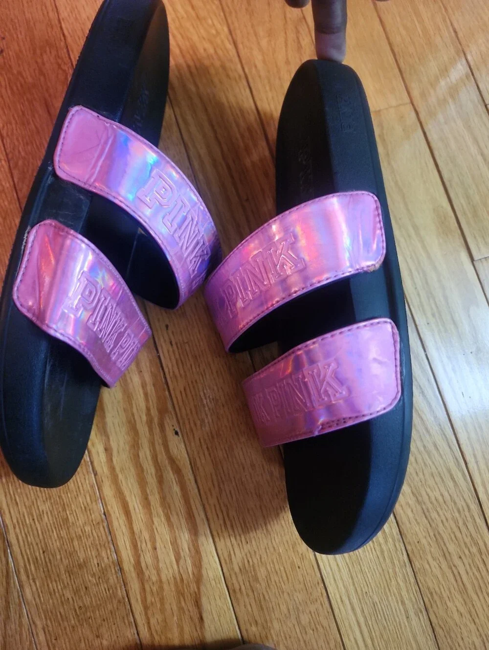 PINK Victoria's Secret Iridescent Pink Double-Strap Slide Sandals/ Women's